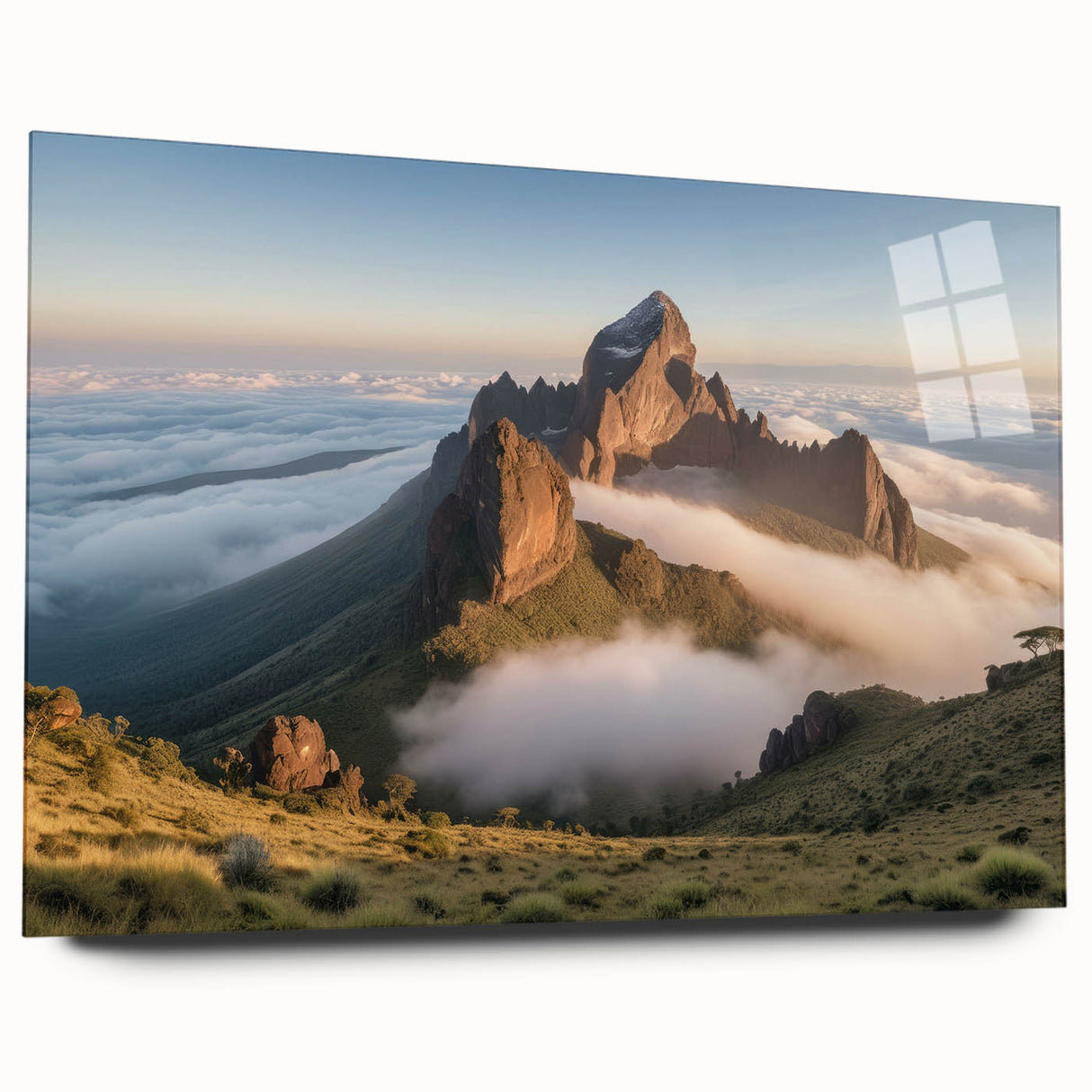 Acrylic print of a large abstract depiction of a Kenyan landscape in earthy tones, ideal for bedroom or dining room art.