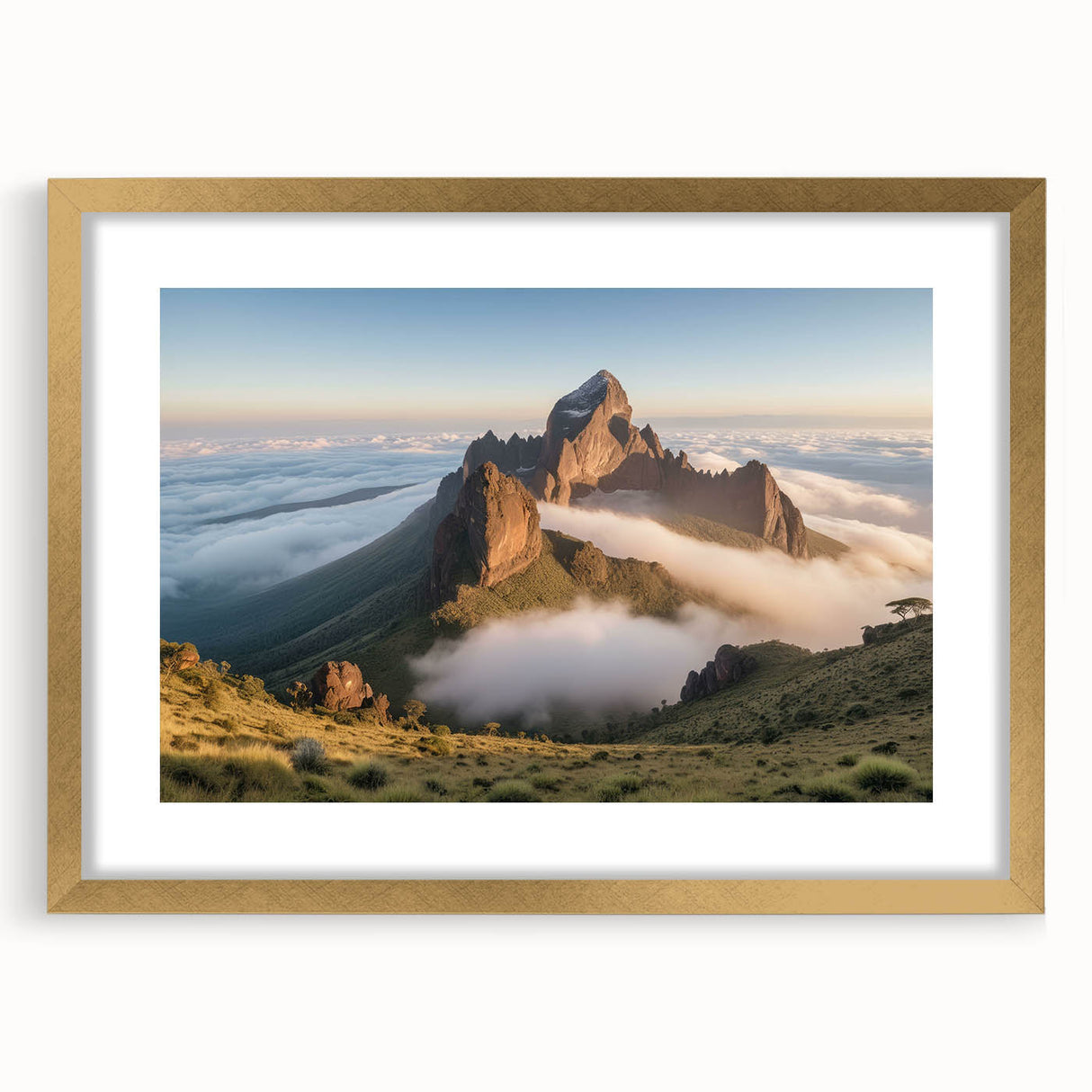 Textured abstract art print depicting a Kenyan landscape in earth tones on a framed canvas, suitable for bedroom decor.