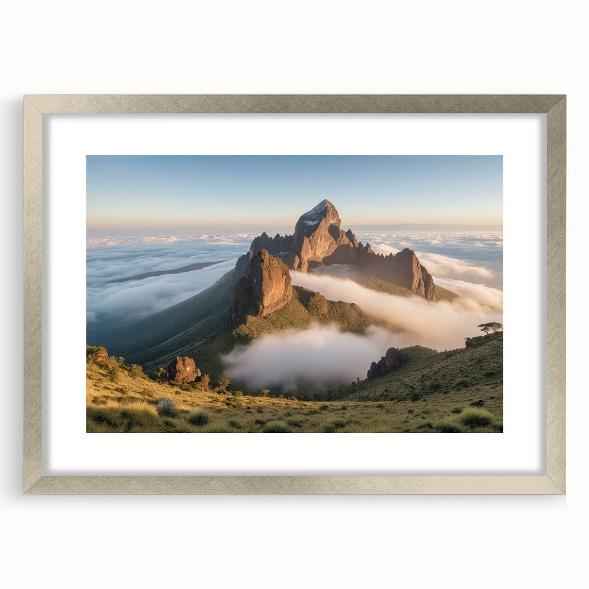 Abstract art print of a Kenyan landscape in muted earth tones on a framed canvas, suitable for dining room decor.