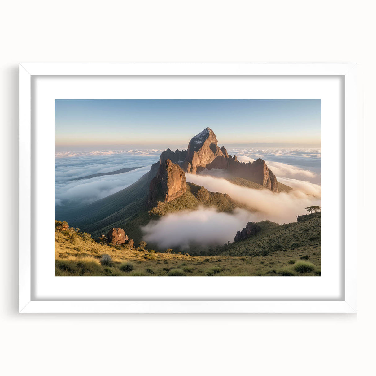 Extra large wall art featuring an abstract interpretation of a Kenyan landscape, in textured earth tones, framed in white.