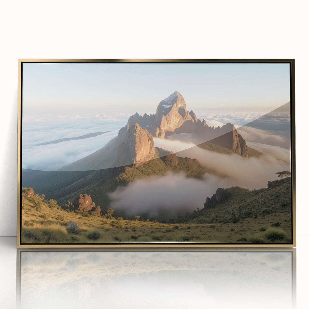 Mid-century modernist art depicting a serene Kenyan landscape in soft gold tones on a framed acrylic panel.