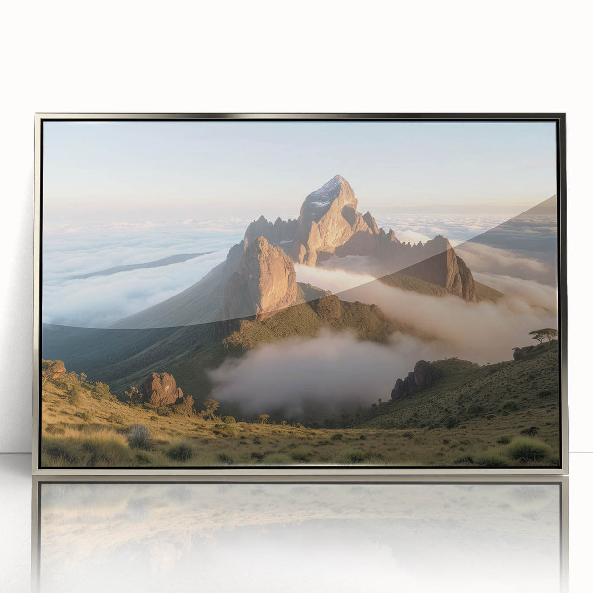 Acrylic print of a Kenyan landscape with silver frame, featuring earth tones and art deco style.