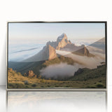 Acrylic print of a Kenyan landscape with silver frame, featuring earth tones and art deco style.