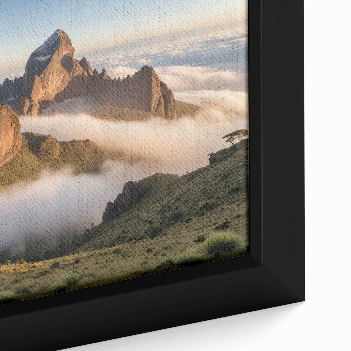 Extra large framed canvas featuring a textured depiction of a Kenyan scenery in vibrant colors, ideal for living room decor.