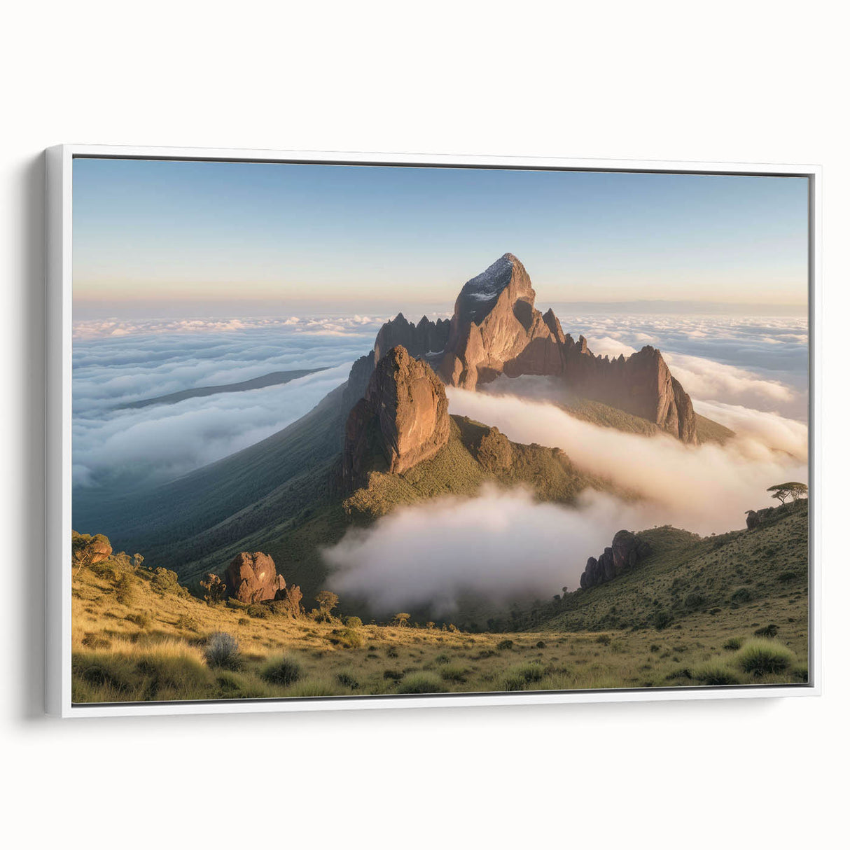 Framed canvas depicting a serene Kenyan landscape in muted earth tones, ideal for bedroom wall art.