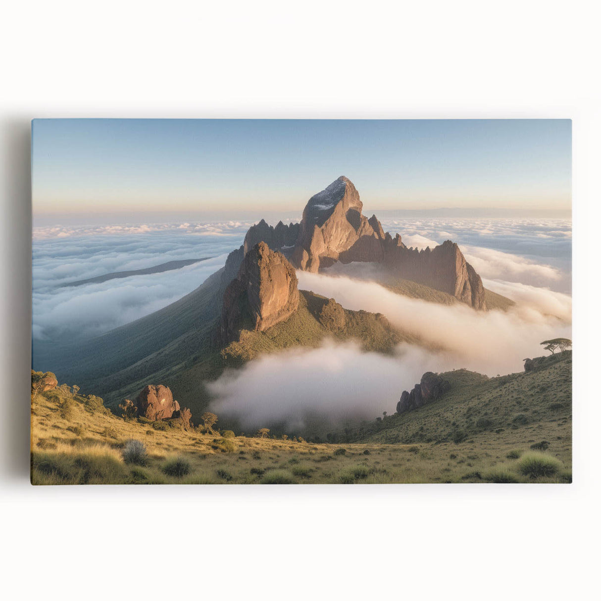 Black and white stretched canvas featuring a Kenyan landscape, ideal for kitchen wall art.