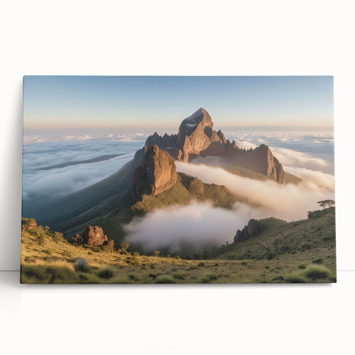 Black and white photograph of an African savannah scene on stretched canvas, ideal for kitchen wall art or bedroom ambiance.