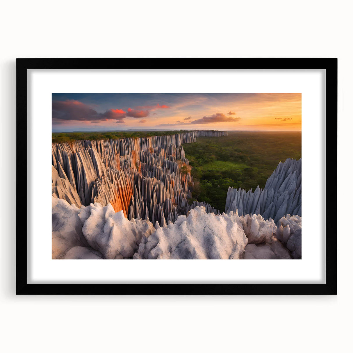 Extra large abstract art print of a colorful Madagascar scenery on a textured canvas, framed in black.