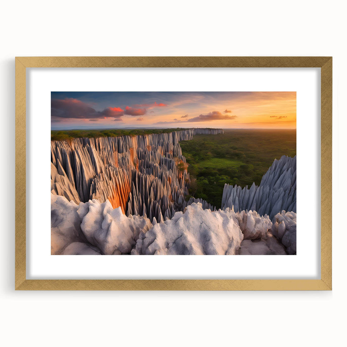 Textured abstract art print of Madagascar scenery in muted earth tones, framed in gold, suitable for bedroom decor.