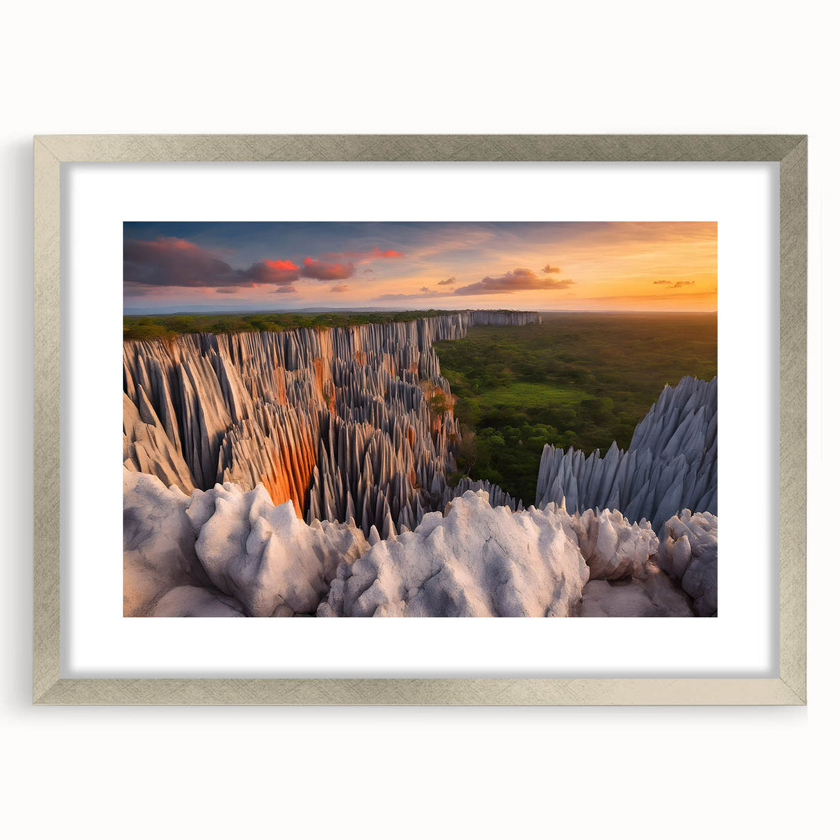 Abstract art print of a Madagascar landscape in muted earth tones on a framed silver mat, suitable for dining room decor.