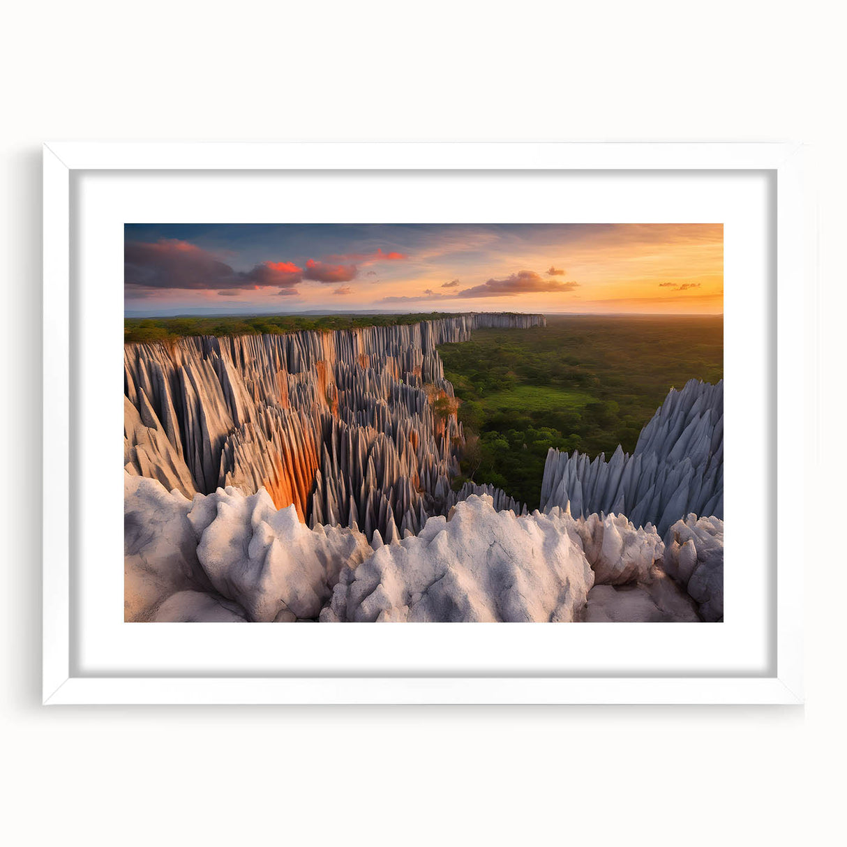 Extra large wall art featuring an abstract depiction of Madagascar scenery in textured earth tones on a white framed canvas.