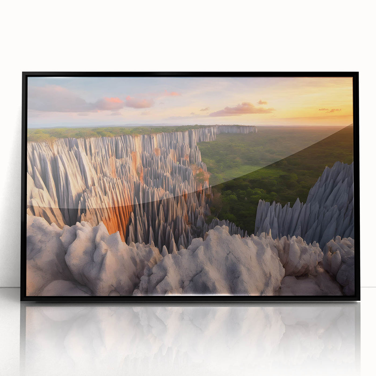 Large abstract wall art depicting the Madagascar scenery in muted earth tones on black framed acrylic.