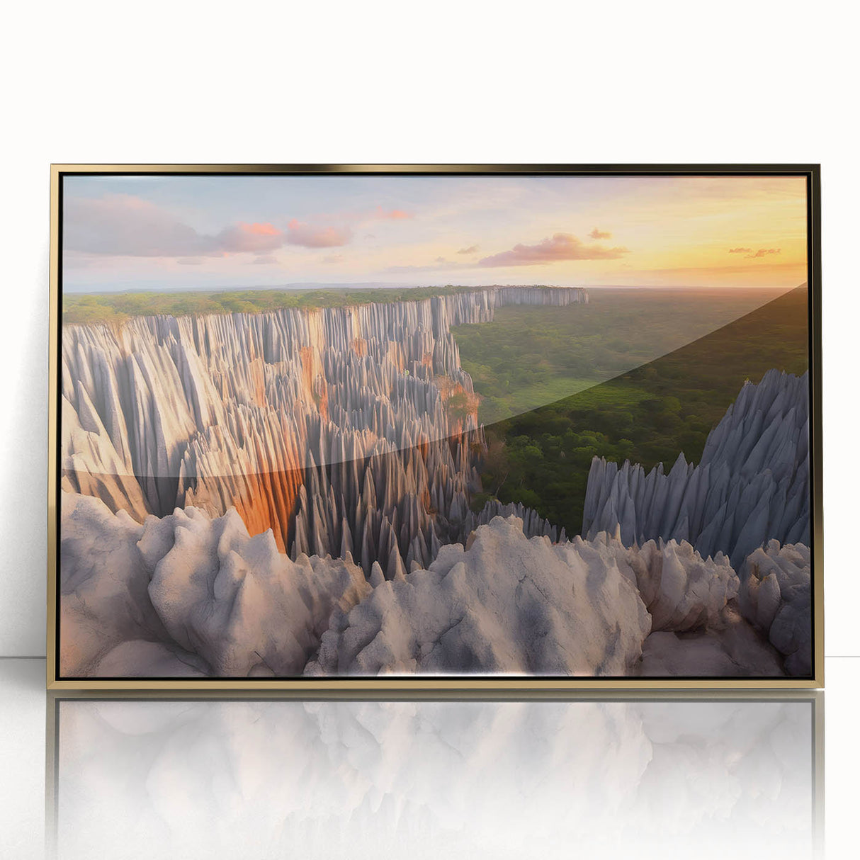 Mid-century modernist art depicting the Madagascar landscape in muted earth tones on a framed acrylic panel.