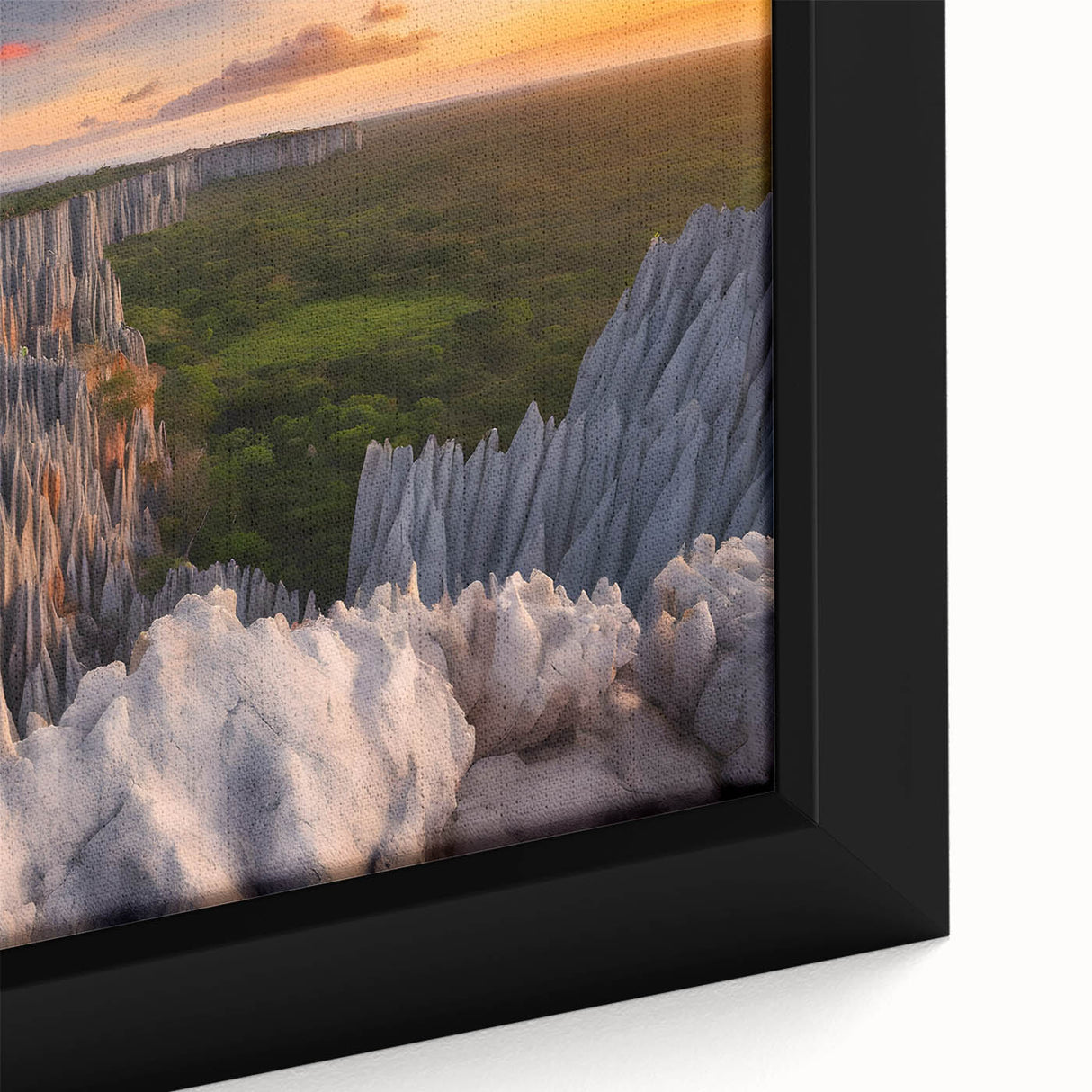 Framed canvas featuring a textured, colorful African landscape, ideal for living room decor.