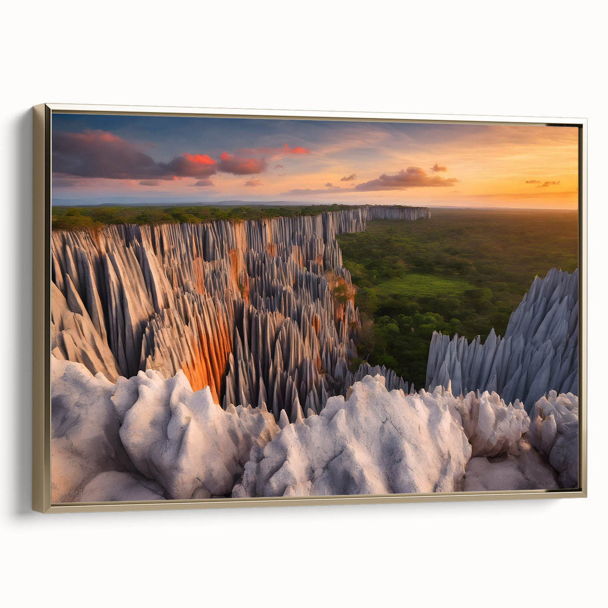 Framed canvas of a colorful Madagascar landscape with vintage poster style, ideal for vibrant living room decor.