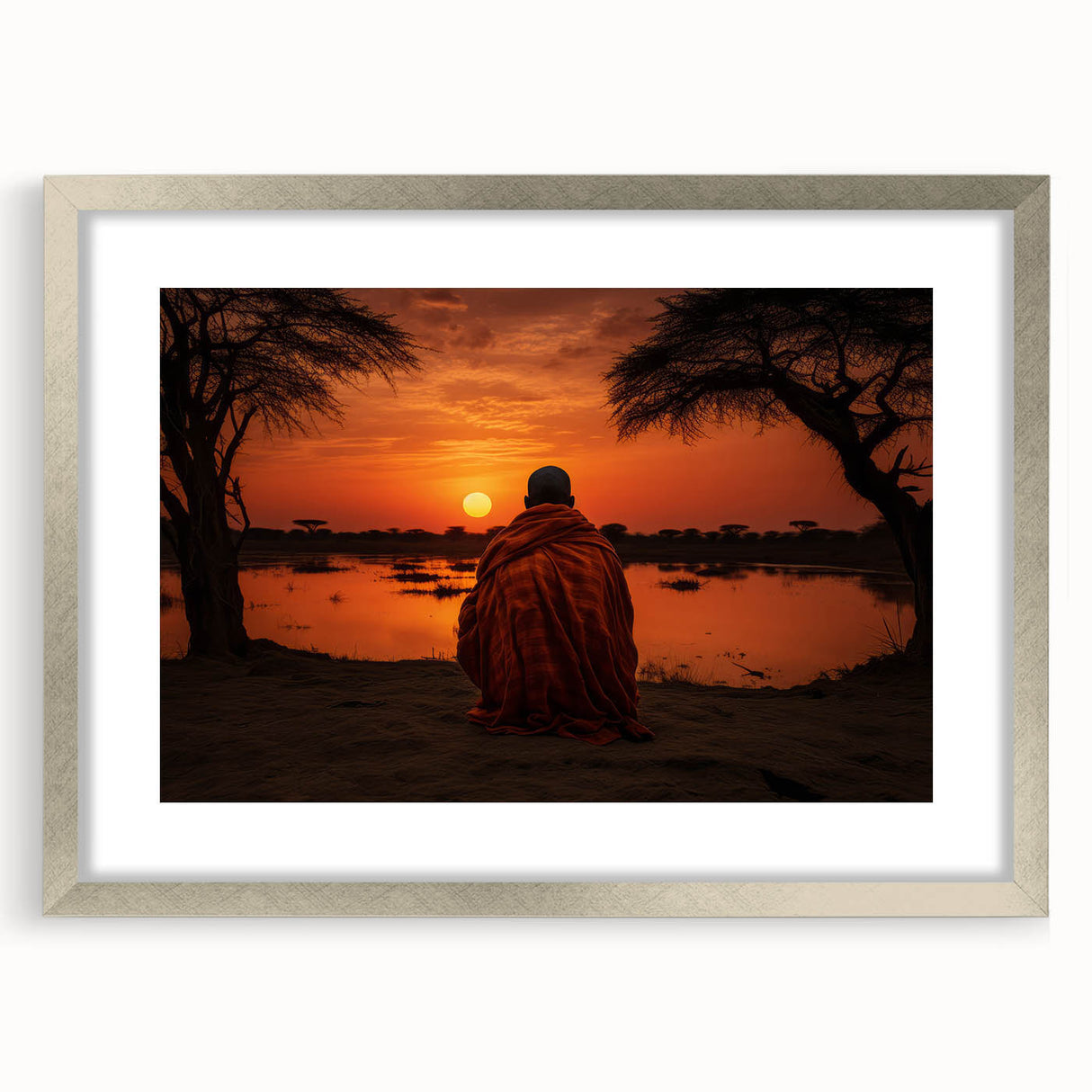 Abstract art print of African scenery in silver frame, featuring earthy tones, ideal for dining room decor.
