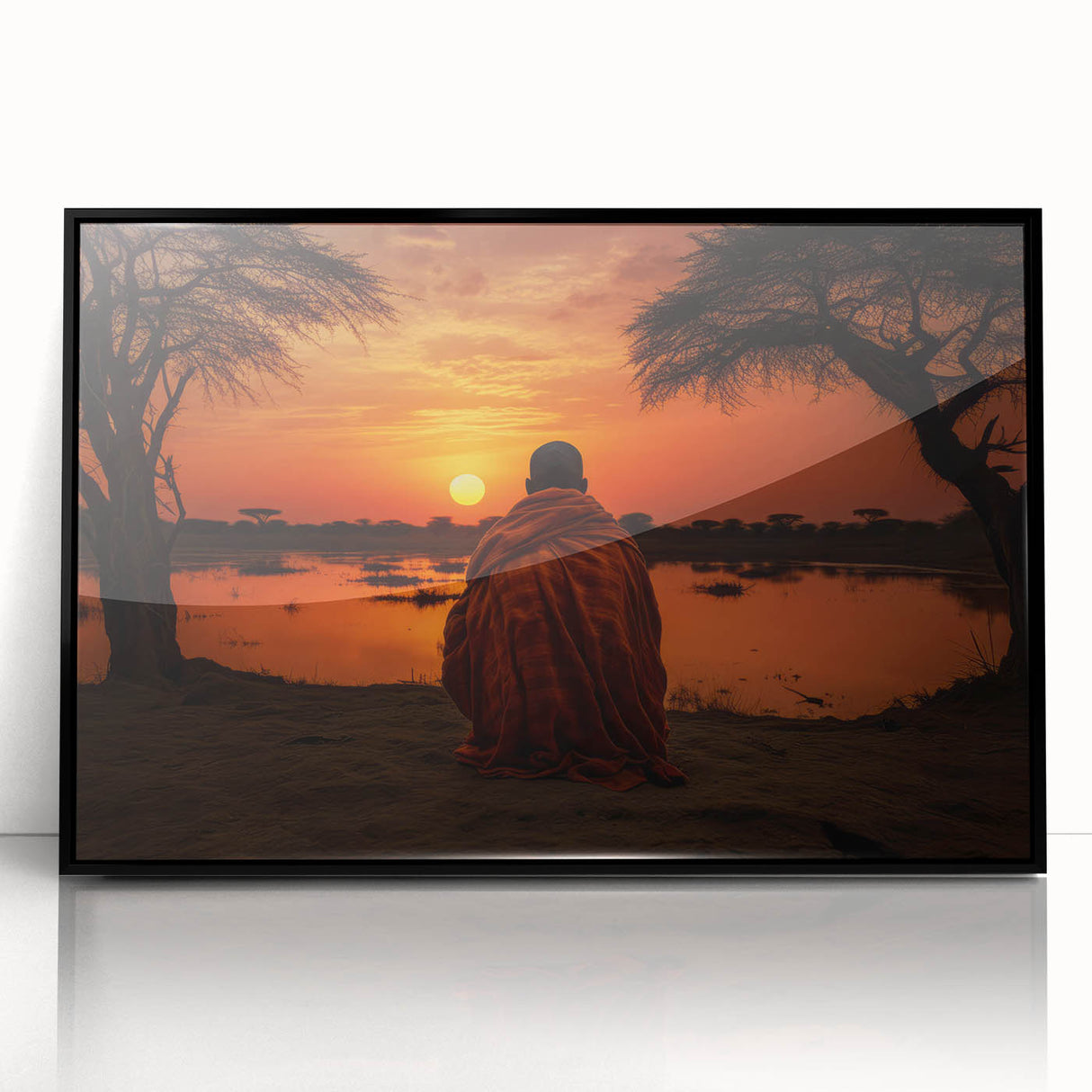 Large abstract wall art depicting an African scenery in Mali with a mid-century modernist style, framed in black acrylic.
