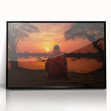 Large abstract wall art depicting an African scenery in Mali with a mid-century modernist style, framed in black acrylic.