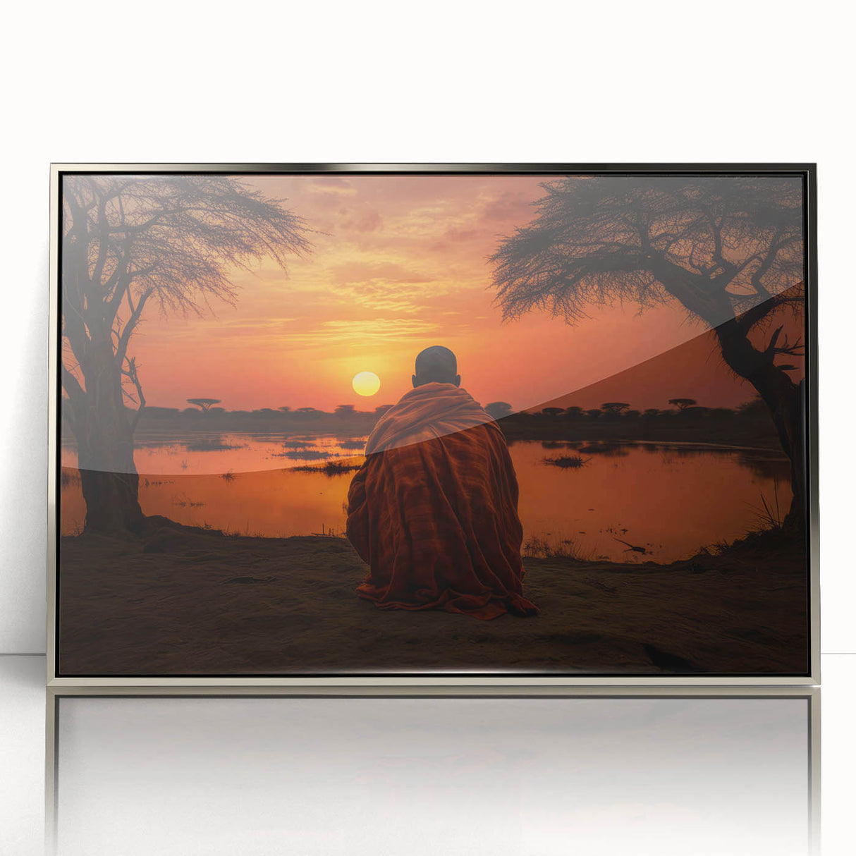 Art deco poster of a Mali scenery in muted earth tones on a silver-framed acrylic, suitable for modern art wall decor.
