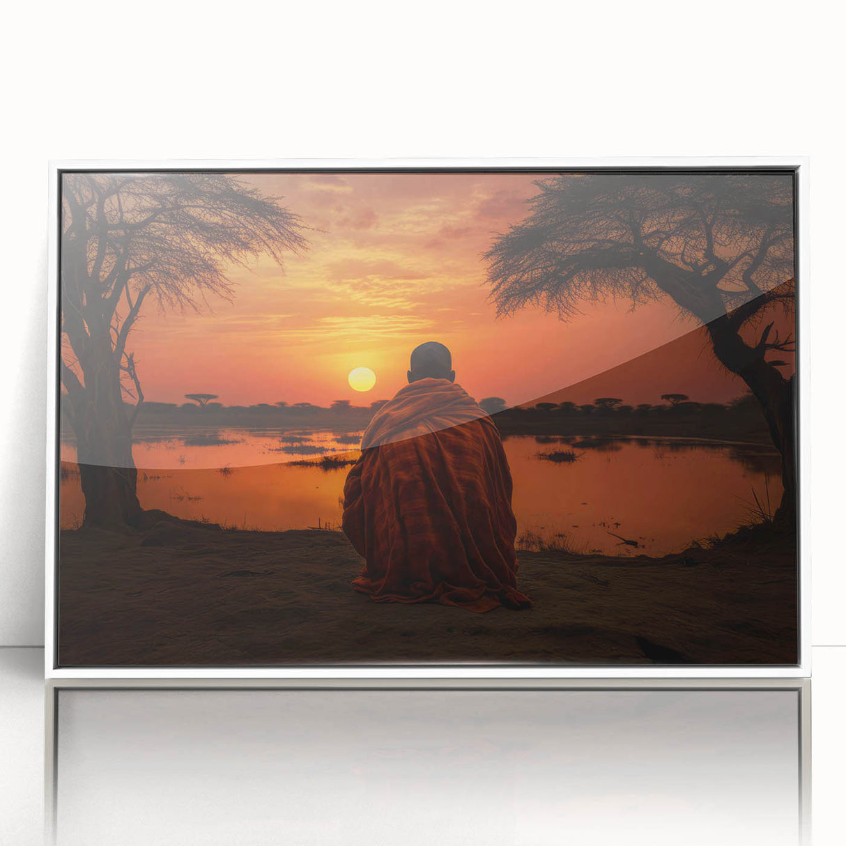 Large art print of an African Mali scenery in mid-century modernist style, framed in white acrylic.