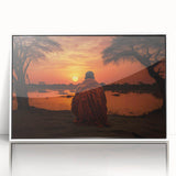 Large art print of an African Mali scenery in mid-century modernist style, framed in white acrylic.