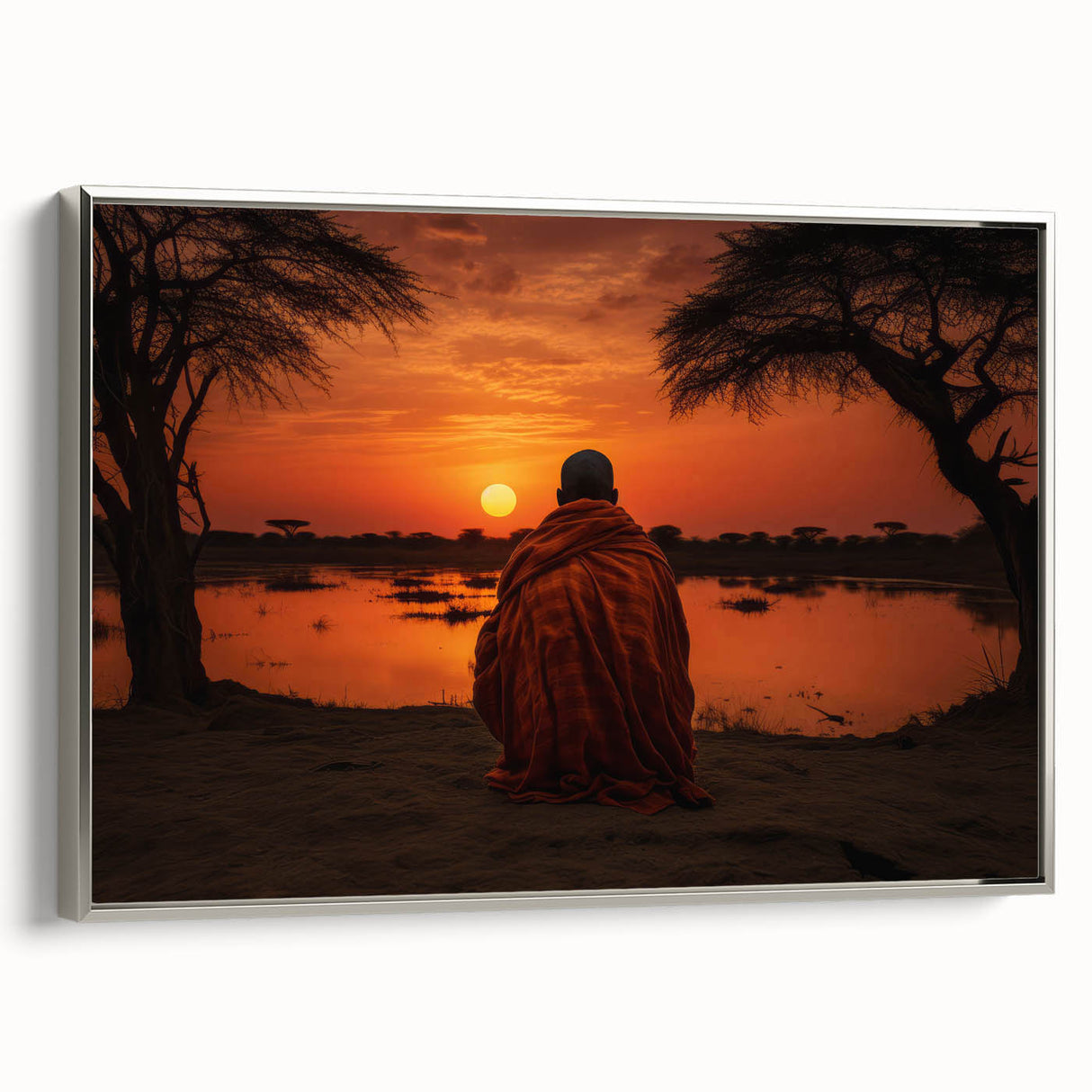 Vintage poster art of Mali scenery on framed canvas, featuring colorful artwork against a black backdrop.
