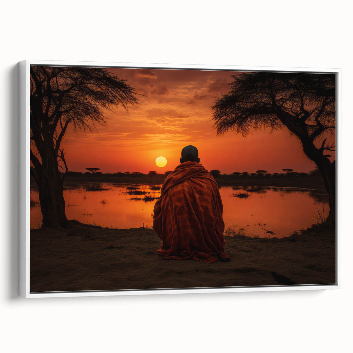 Framed canvas featuring a Mali landscape with vintage poster art style in black and white, ideal for bedroom wall art.