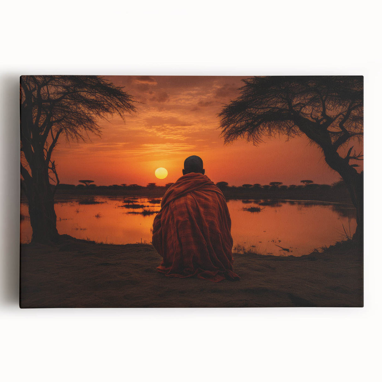 Large black and white stretched canvas showing a scenic Mali landscape, ideal for kitchen wall art.