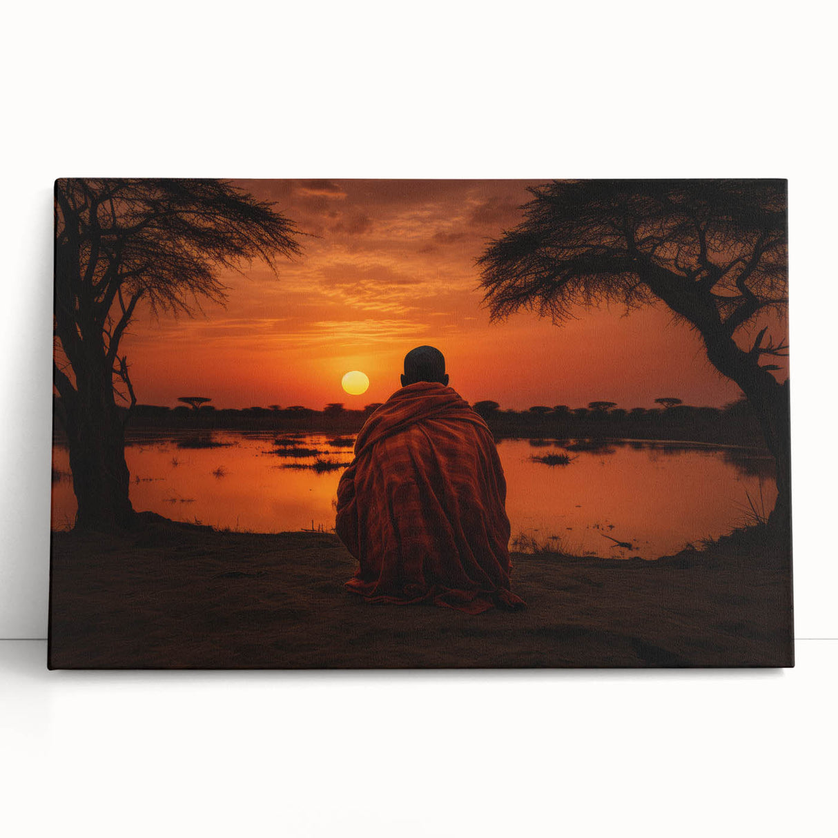 Black and white photograph of an African landscape on stretched canvas, ideal for kitchen wall art or bedroom decor.