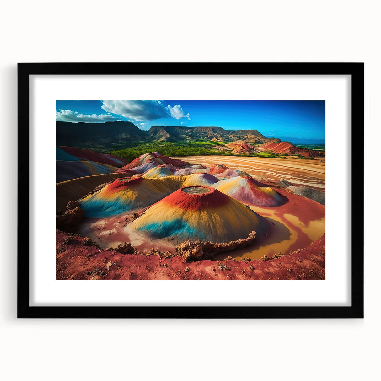 Abstract art print of a colorful Mauritian landscape on a textured, extra large canvas, ideal for living room decor.