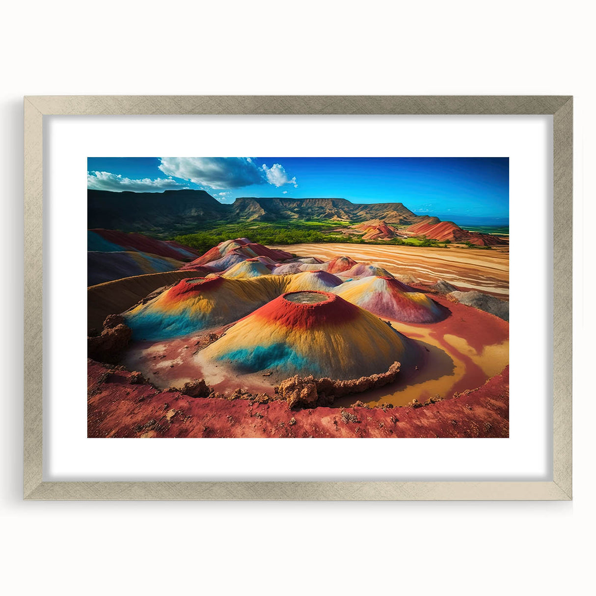 Abstract art print of a Mauritian landscape in muted earth tones on a framed silver mat, ideal for dining room decor.
