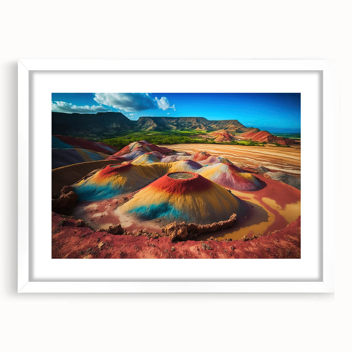 Extra large abstract art print of a Mauritian landscape in a white frame, featuring textured earth tones.