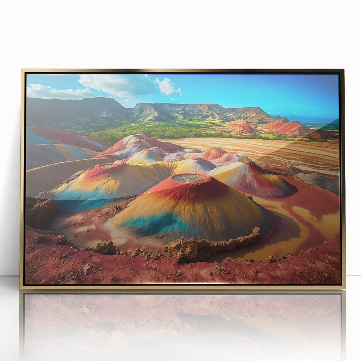 Mid-century modernist art depicting a serene Mauritius landscape in muted earth tones on a framed acrylic print.