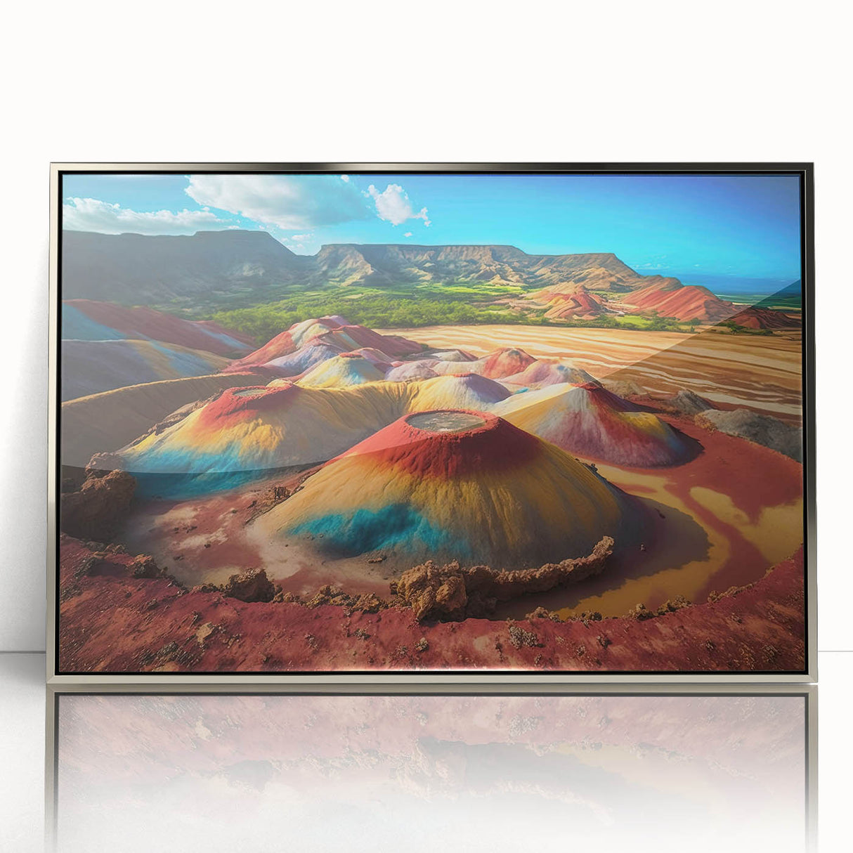 Acrylic print of a scenic Mauritius landscape in silver frame, featuring art deco style, ideal for modern art wall decor.