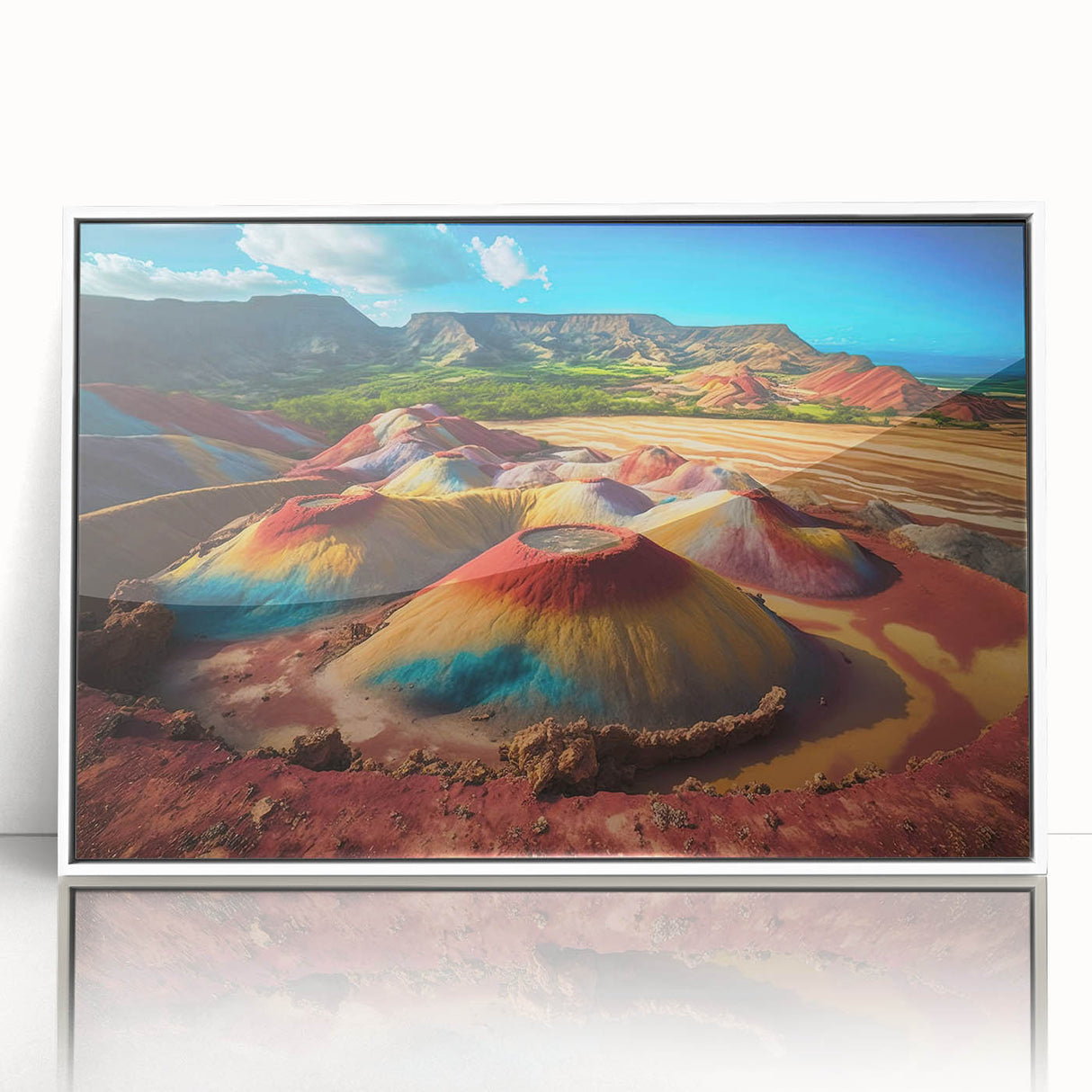 Framed acrylic print of a Mauritian landscape in muted earth tones, ideal for modern art wall decor.