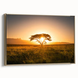 Framed canvas depicting a vintage-style African landscape in muted earth tones, ideal for bedroom wall art.