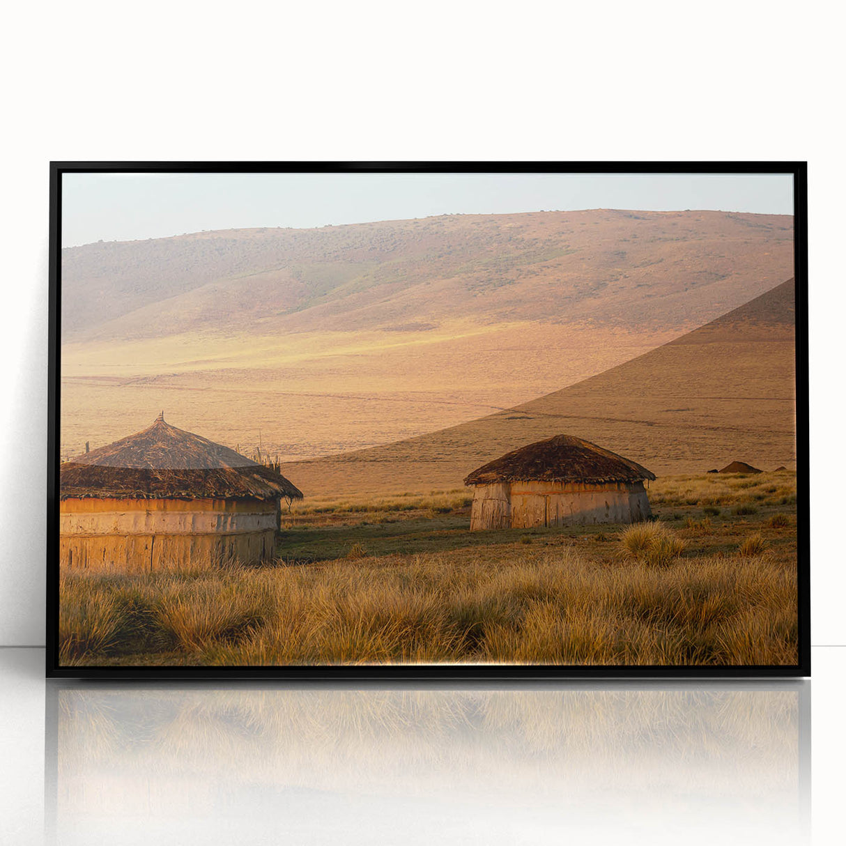 Large abstract wall art depicting a Tanzanian scenery in muted earth tones on a framed acrylic.