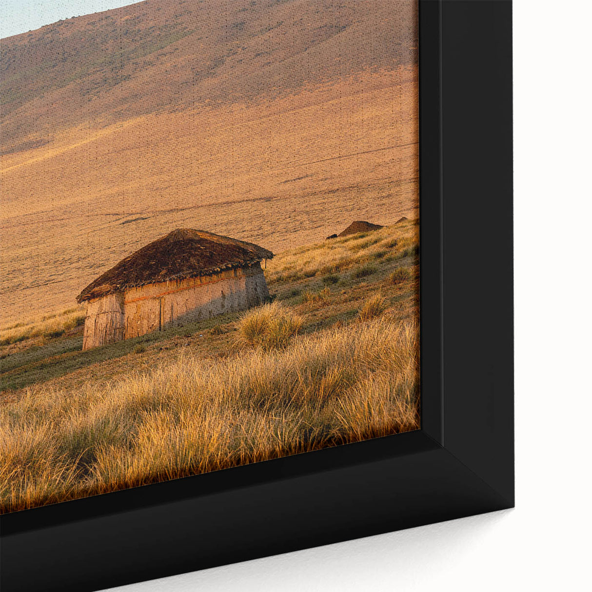 Extra large framed canvas depicting a textured African scenery in vibrant colors, ideal for living room decor.