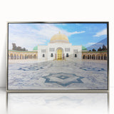 Mid-century modernist style framed acrylic art of a Tunisian landscape, featuring muted earth tones.