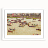 Abstract art print of a Bangladesh scenery in muted green and blue tones, framed with a white mat.