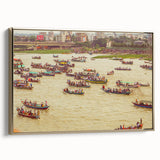 Framed canvas featuring a vintage-style landscape painting of a serene Bangladeshi scenery in black and gold tones.