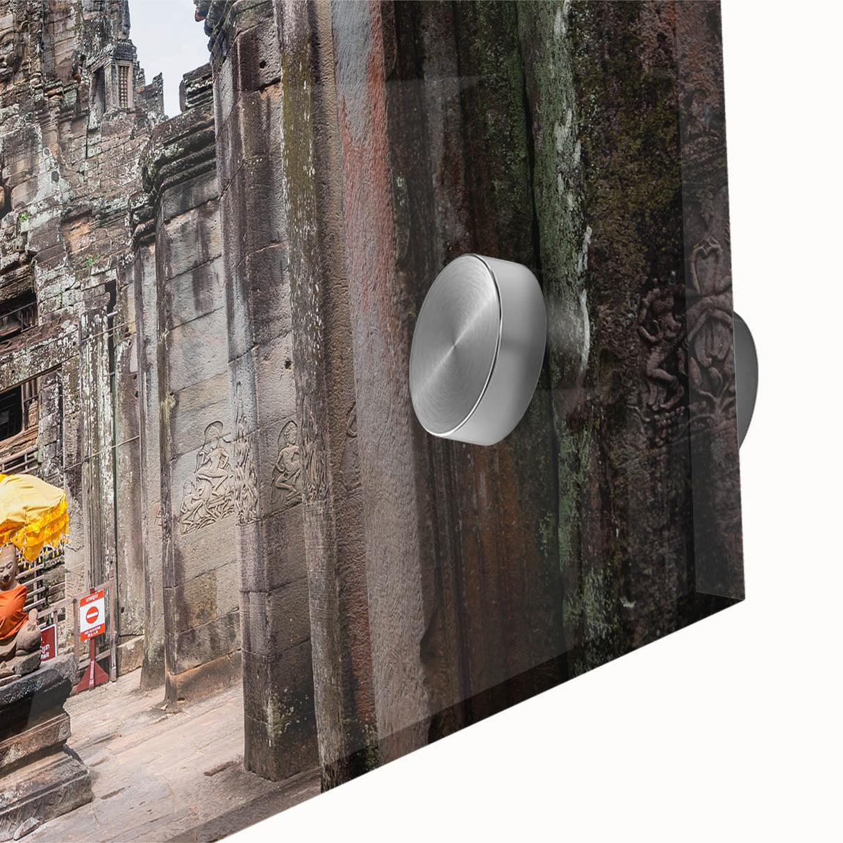 Large abstract wall art depicting a Cambodian scenery in muted earth tones on acrylic glass.