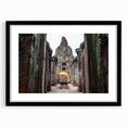 Extra large, textured abstract art print of a colorful Cambodian scenery on a black framed canvas.