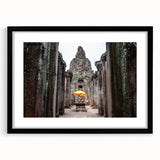 Extra large, textured abstract art print of a colorful Cambodian scenery on a black framed canvas.