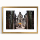 Extra large abstract art print of a Cambodian landscape, featuring textured gold and green hues on a framed canvas.