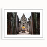 Abstract art print depicting a Cambodian landscape in muted earth tones on a framed white mat.