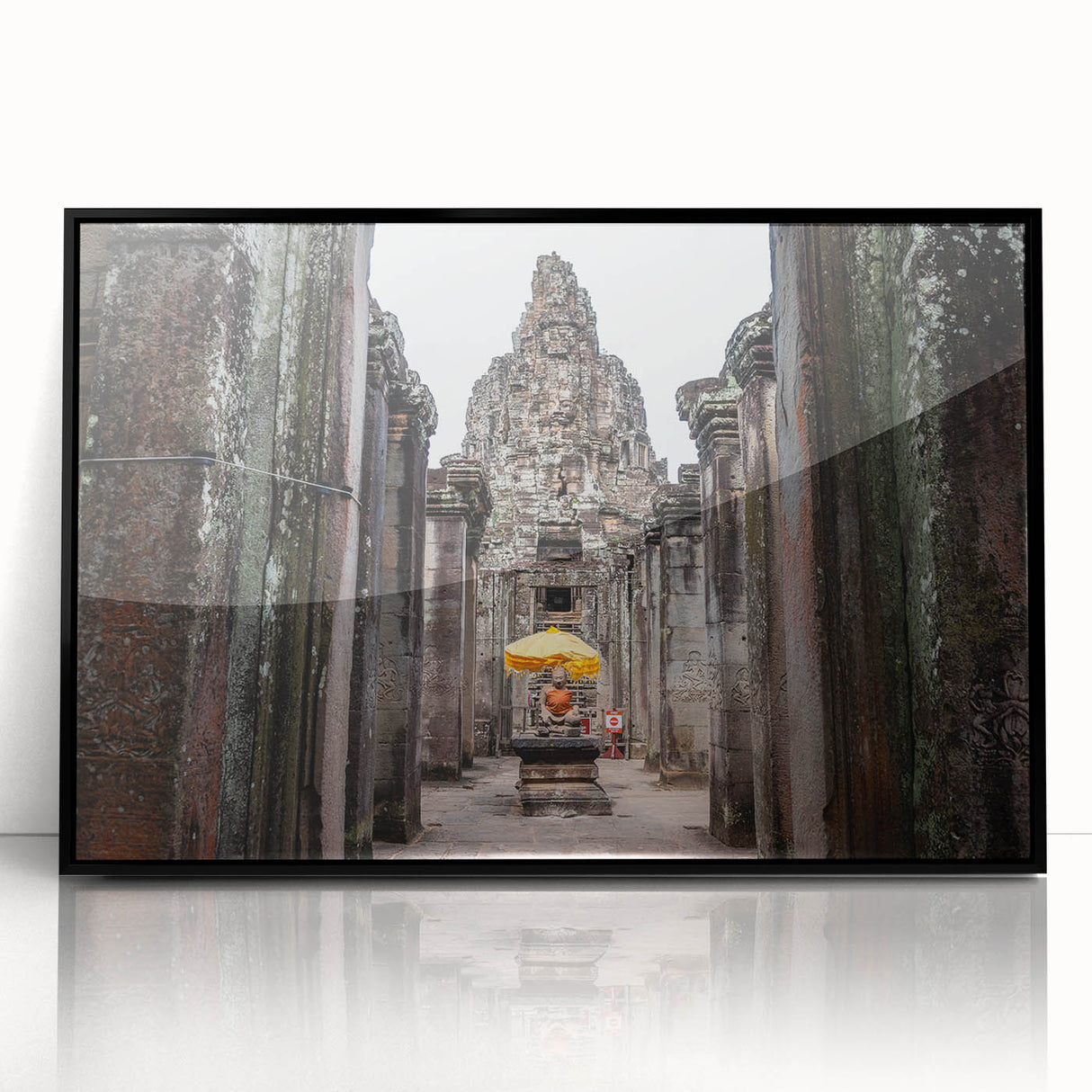 Large abstract wall art depicting a Cambodian scenery in muted earth tones on a framed acrylic.