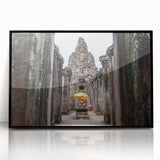 Large abstract wall art depicting a Cambodian scenery in muted earth tones on a framed acrylic.