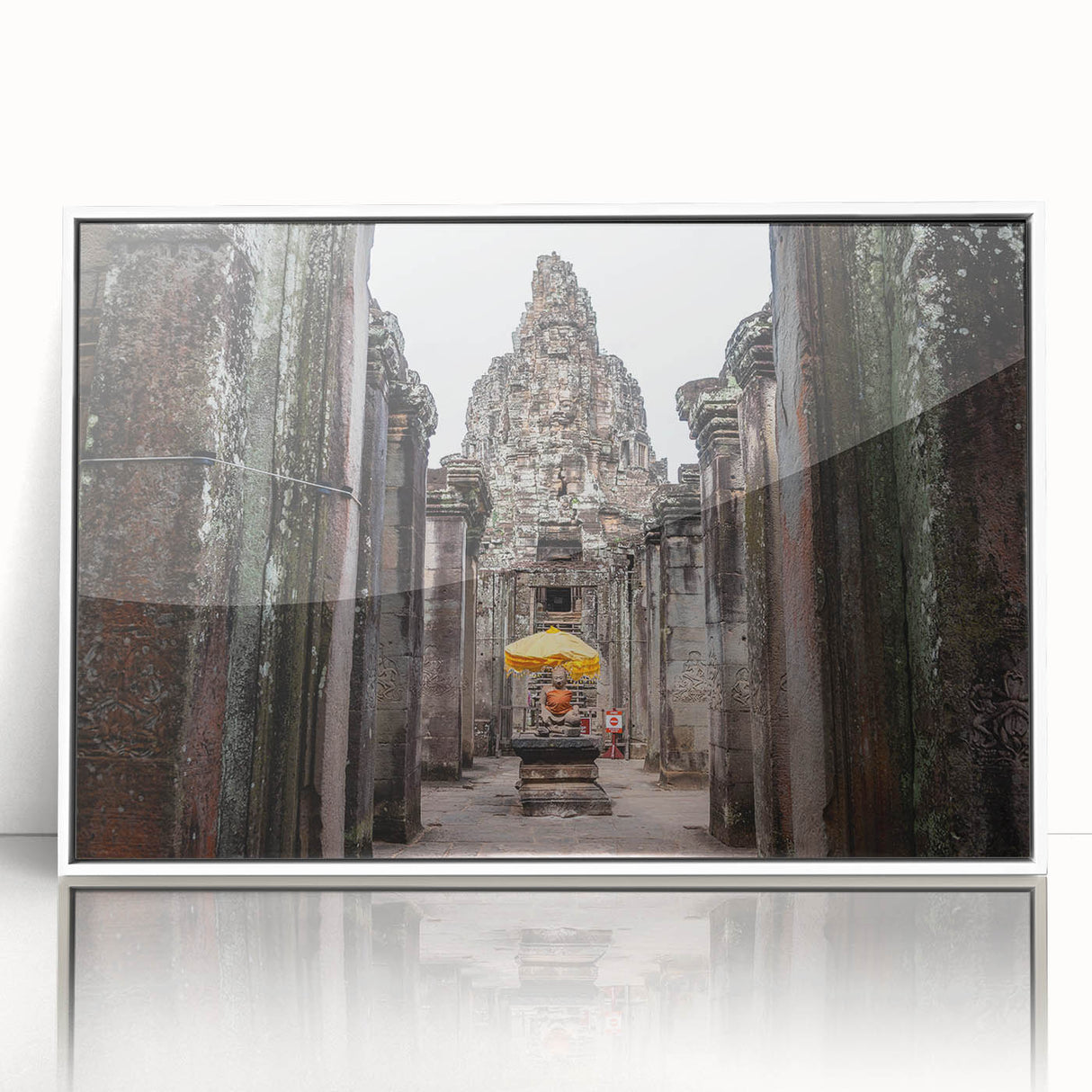 Art deco poster of Cambodian scenery in muted earth tones on framed acrylic, suitable for modern nursery decor.