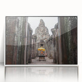 Art deco poster of Cambodian scenery in muted earth tones on framed acrylic, suitable for modern nursery decor.